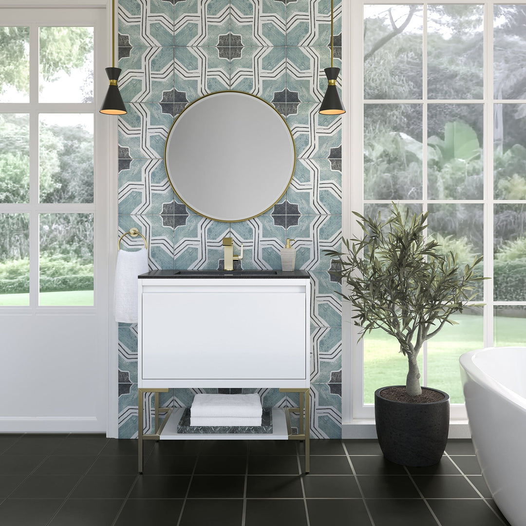Mantova 31.5" Single Vanity, Glossy White, Champagne Brass Base w/ Charcoal Black Composite Stone Top