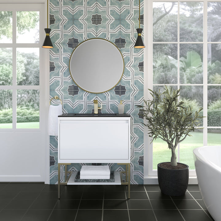 Mantova 31.5" Single Vanity, Glossy White, Champagne Brass Base w/ Charcoal Black Composite Stone Top