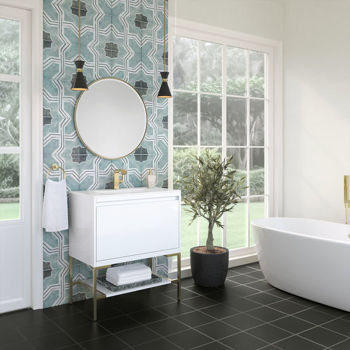 Mantova 31.5" Single Vanity, Glossy White, Champagne Brass Base w/ Glossy White Composite Stone Top