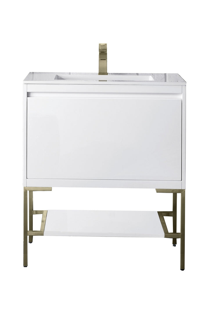 Mantova 31.5" Single Vanity, Glossy White, Champagne Brass Base w/ Glossy White Composite Stone Top