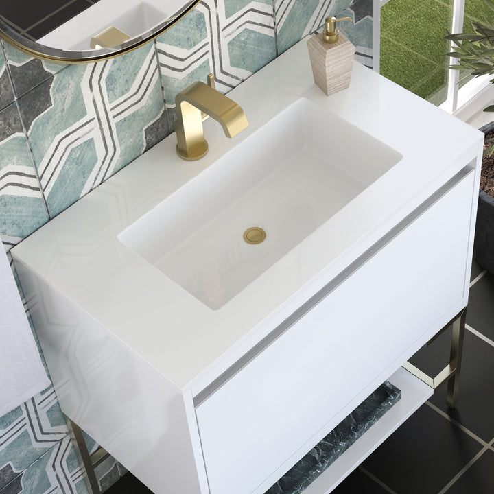Mantova 31.5" Single Vanity, Glossy White, Champagne Brass Base w/ Glossy White Composite Stone Top