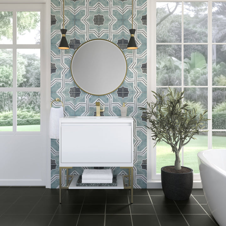 Mantova 31.5" Single Vanity, Glossy White, Champagne Brass Base w/ Glossy White Composite Stone Top