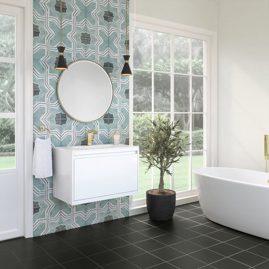 Mantova 31.5" Single Vanity, Glossy White, Champagne Brass Base w/ Glossy White Composite Stone Top