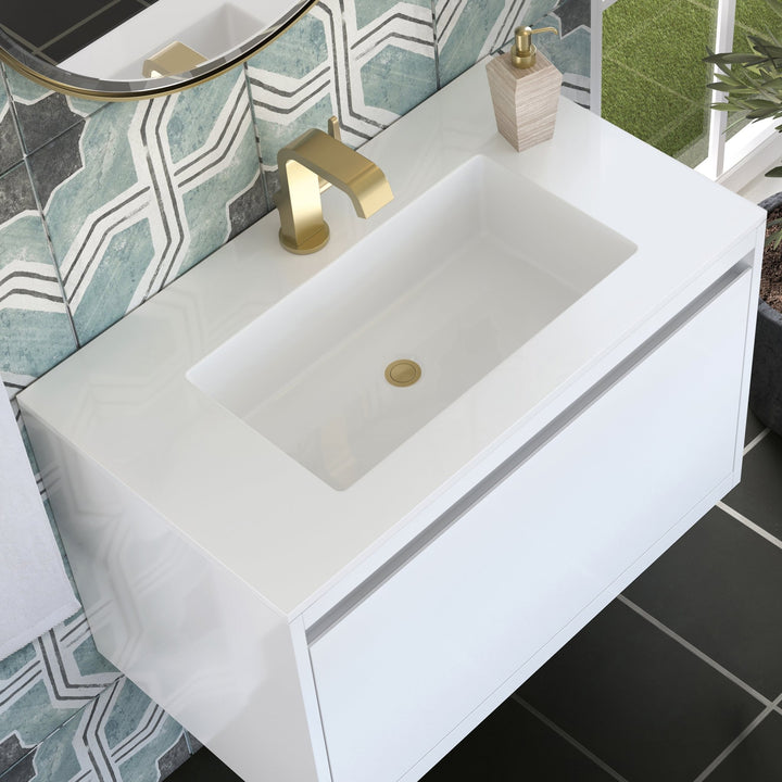 Mantova 31.5" Single Vanity, Glossy White, Champagne Brass Base w/ Glossy White Composite Stone Top