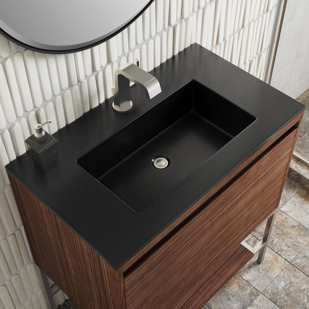 Mantova 31.5" Single Vanity, Mid-Century Walnut, Brushed Nickel Base w/ Charcoal Black Composite Stone Top
