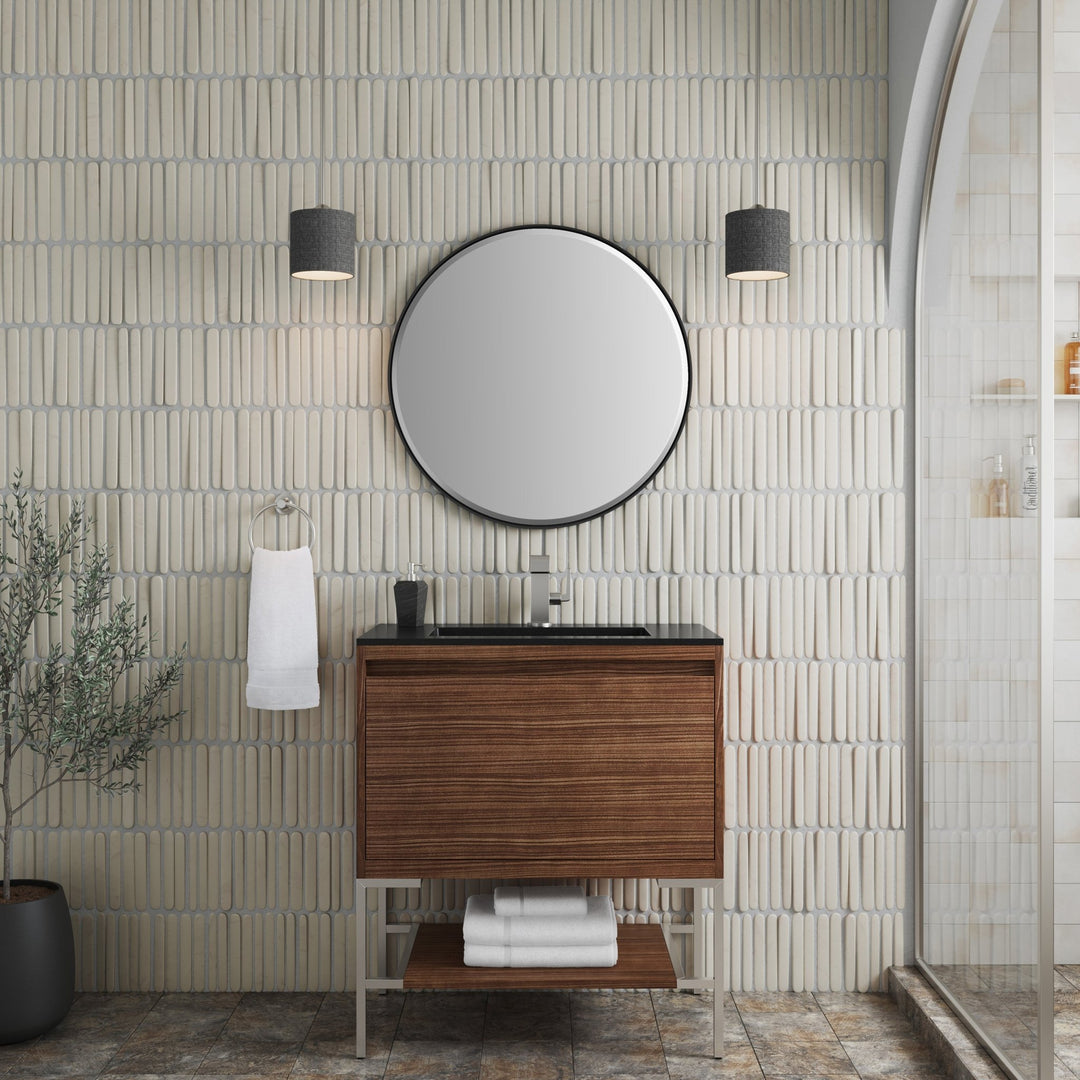 Mantova 31.5" Single Vanity, Mid-Century Walnut, Brushed Nickel Base w/ Charcoal Black Composite Stone Top