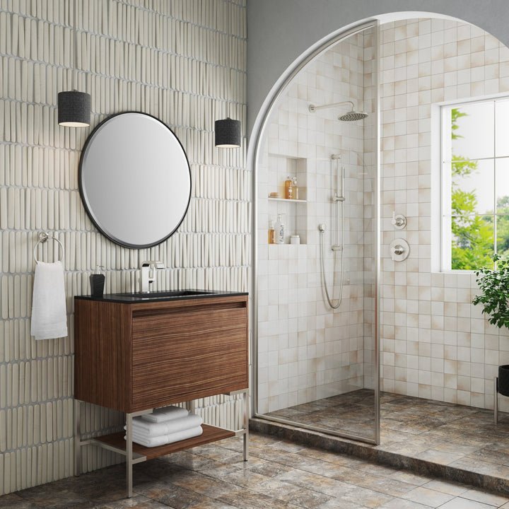 Mantova 31.5" Single Vanity, Mid-Century Walnut, Brushed Nickel Base w/ Charcoal Black Composite Stone Top