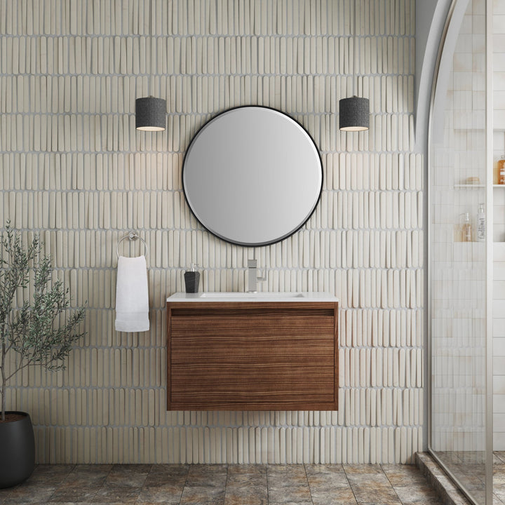 Mantova 31.5" Single Vanity, Mid-Century Walnut, Brushed Nickel Base w/ Glossy White Composite Stone Top