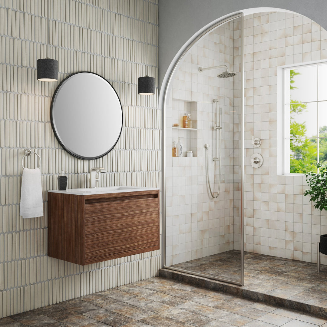 Mantova 31.5" Single Vanity, Mid-Century Walnut, Brushed Nickel Base w/ Glossy White Composite Stone Top