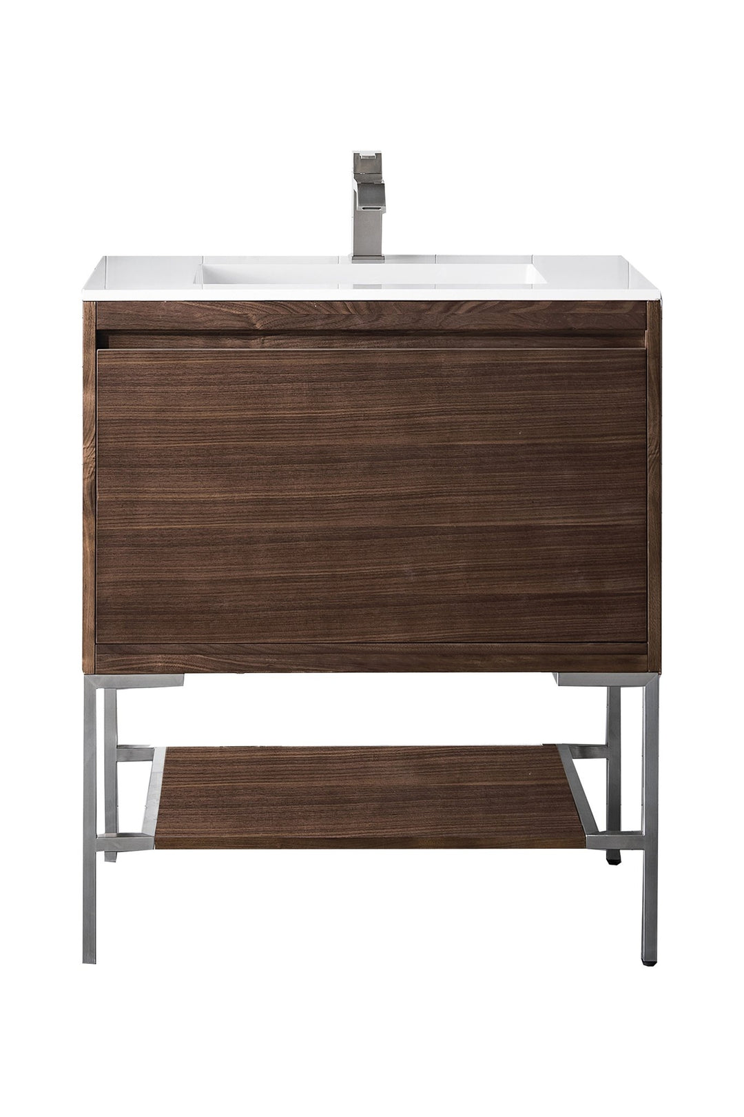 Mantova 31.5" Single Vanity, Mid-Century Walnut, Brushed Nickel Base w/ Glossy White Composite Stone Top
