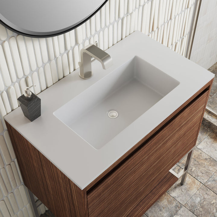 Mantova 31.5" Single Vanity, Mid-Century Walnut, Brushed Nickel Base w/ Glossy White Composite Stone Top