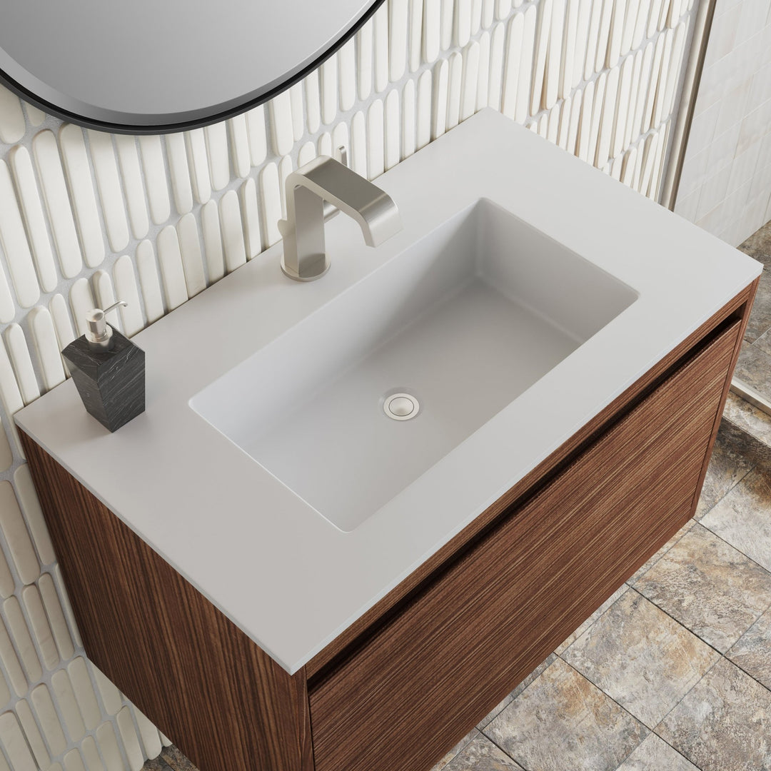 Mantova 31.5" Single Vanity, Mid-Century Walnut, Brushed Nickel Base w/ Glossy White Composite Stone Top