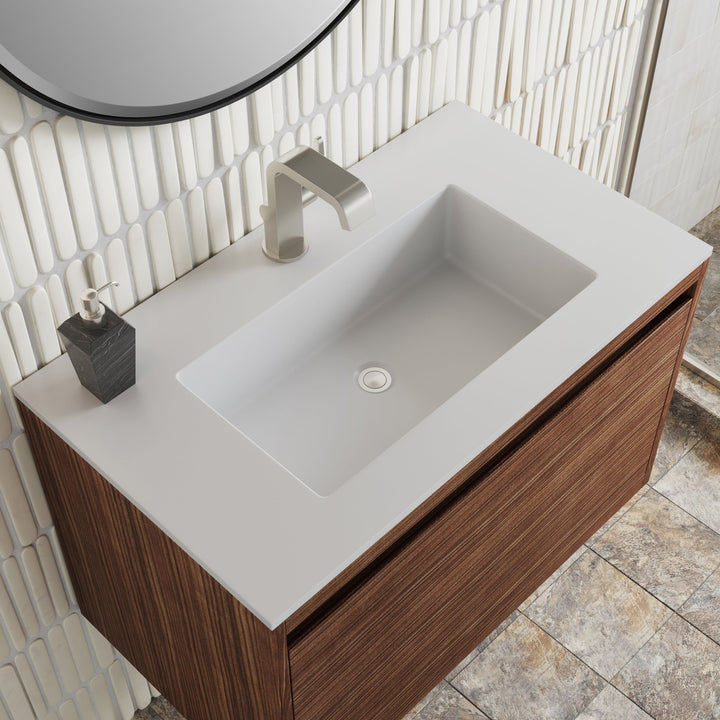 Mantova 31.5" Single Vanity, Mid-Century Walnut, Brushed Nickel Base w/ Glossy White Composite Stone Top