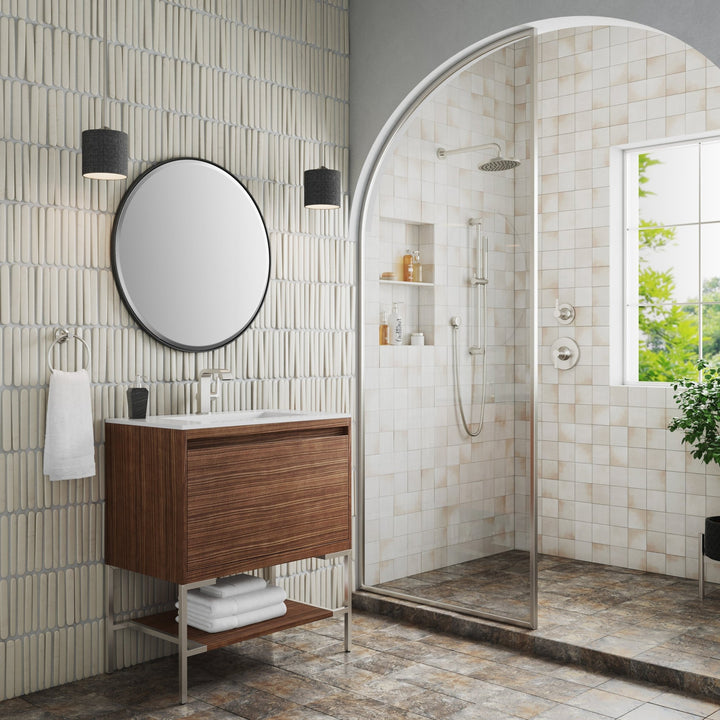 Mantova 31.5" Single Vanity, Mid-Century Walnut, Brushed Nickel Base w/ Glossy White Composite Stone Top
