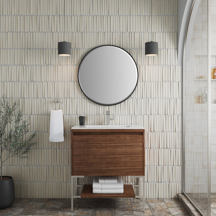 Mantova 31.5" Single Vanity, Mid-Century Walnut, Brushed Nickel Base w/ Glossy White Composite Stone Top