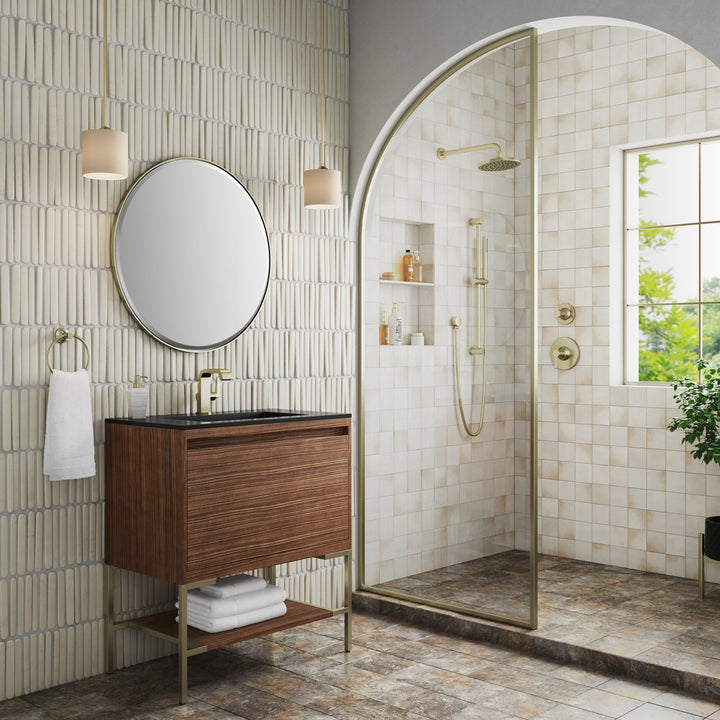 Mantova 31.5" Single Vanity, Mid-Century Walnut, Champagne Brass Base w/ Charcoal Black Composite Stone Top