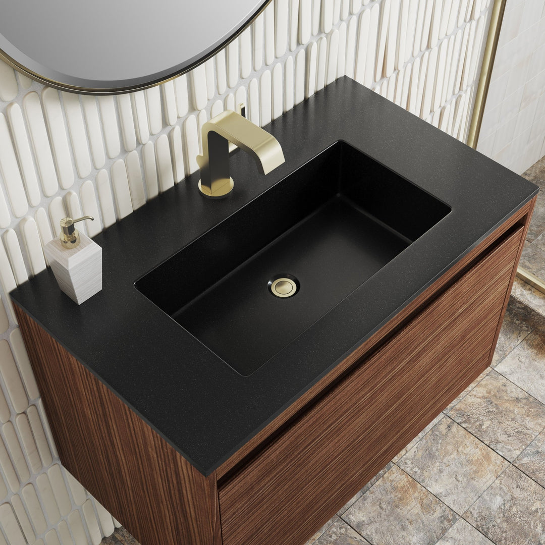 Mantova 31.5" Single Vanity, Mid-Century Walnut, Champagne Brass Base w/ Charcoal Black Composite Stone Top