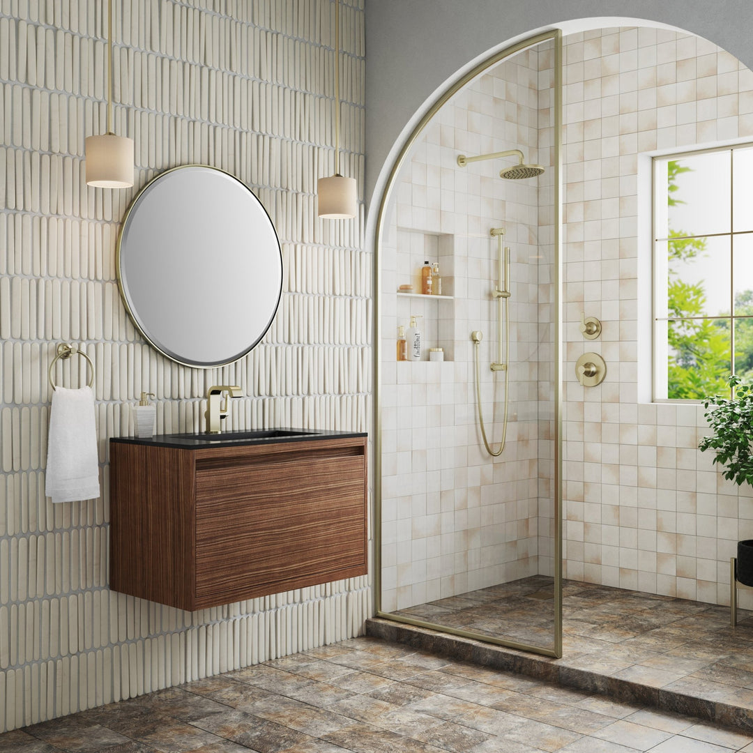 Mantova 31.5" Single Vanity, Mid-Century Walnut, Champagne Brass Base w/ Charcoal Black Composite Stone Top