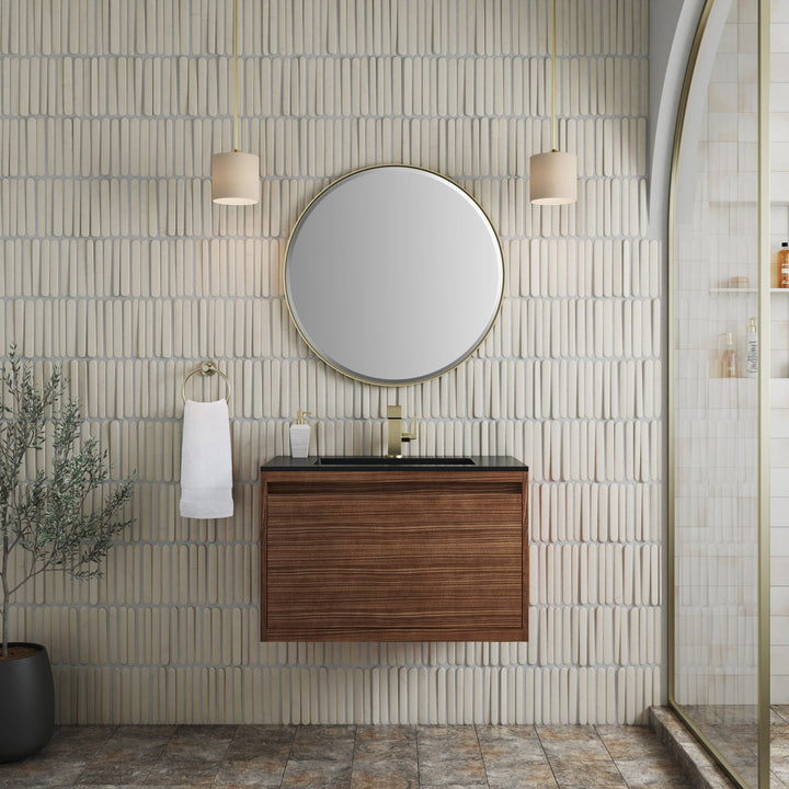 Mantova 31.5" Single Vanity, Mid-Century Walnut, Champagne Brass Base w/ Charcoal Black Composite Stone Top