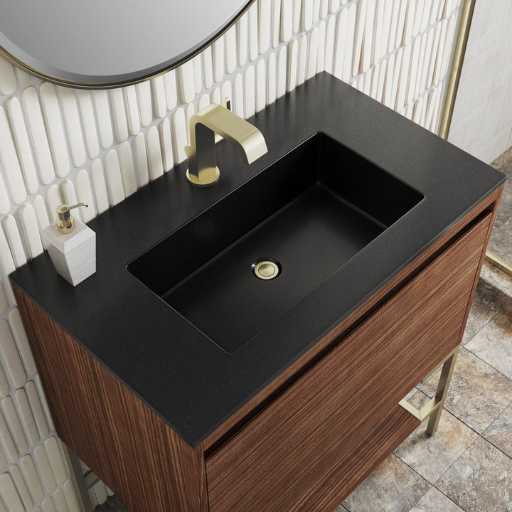 Mantova 31.5" Single Vanity, Mid-Century Walnut, Champagne Brass Base w/ Charcoal Black Composite Stone Top