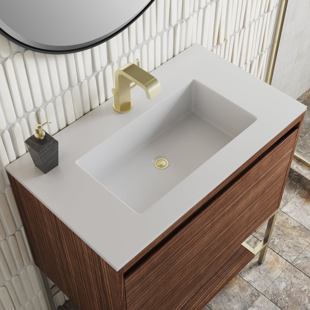 Mantova 31.5" Single Vanity, Mid-Century Walnut, Champagne Brass Base w/ Glossy White Composite Stone Top