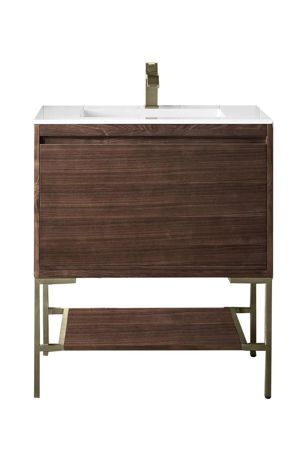 Mantova 31.5" Single Vanity, Mid-Century Walnut, Champagne Brass Base w/ Glossy White Composite Stone Top
