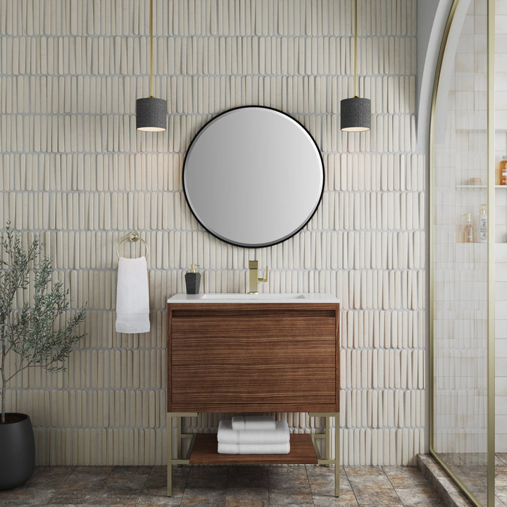 Mantova 31.5" Single Vanity, Mid-Century Walnut, Champagne Brass Base w/ Glossy White Composite Stone Top