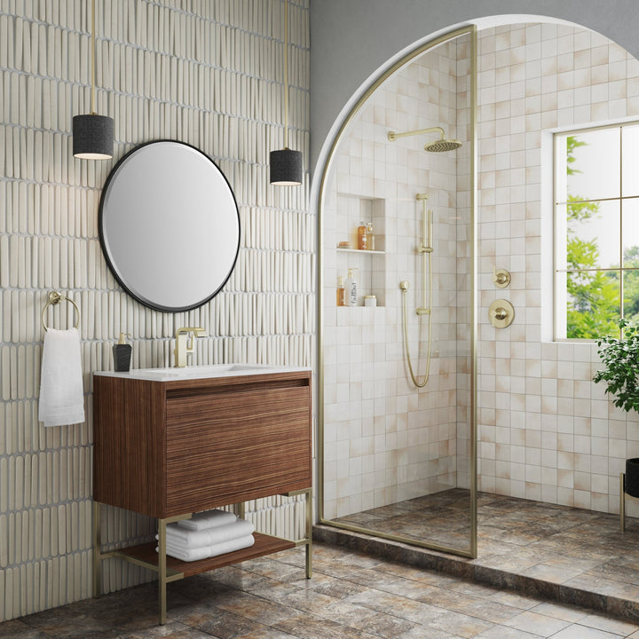 Mantova 31.5" Single Vanity, Mid-Century Walnut, Champagne Brass Base w/ Glossy White Composite Stone Top