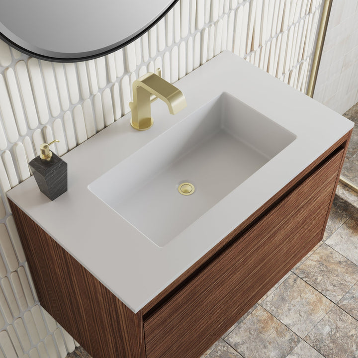 Mantova 31.5" Single Vanity, Mid-Century Walnut, Champagne Brass Base w/ Glossy White Composite Stone Top