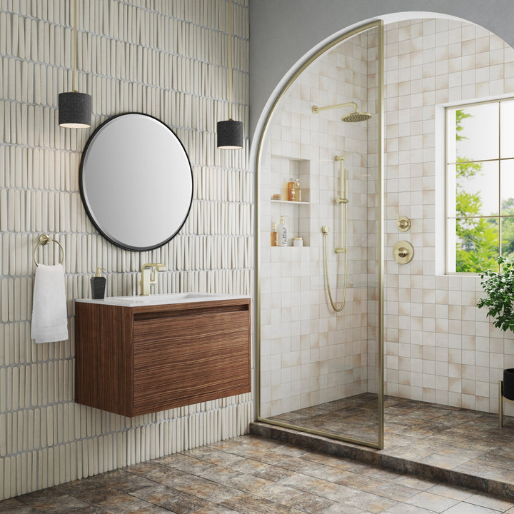 Mantova 31.5" Single Vanity, Mid-Century Walnut, Champagne Brass Base w/ Glossy White Composite Stone Top