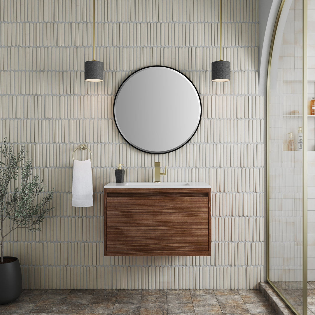 Mantova 31.5" Single Vanity, Mid-Century Walnut, Champagne Brass Base w/ Glossy White Composite Stone Top