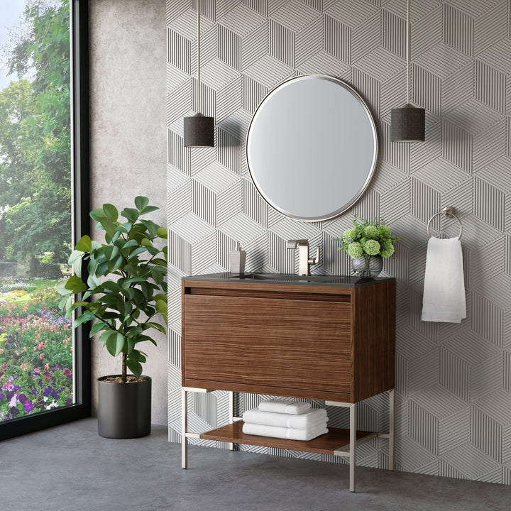 Mantova 35.4" Single Vanity, Mid-Century Walnut, Brushed Nickel Base w/ Charcoal Black Composite Stone Top