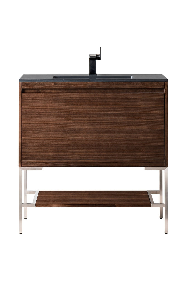 Mantova 35.4" Single Vanity, Mid-Century Walnut, Brushed Nickel Base w/ Charcoal Black Composite Stone Top