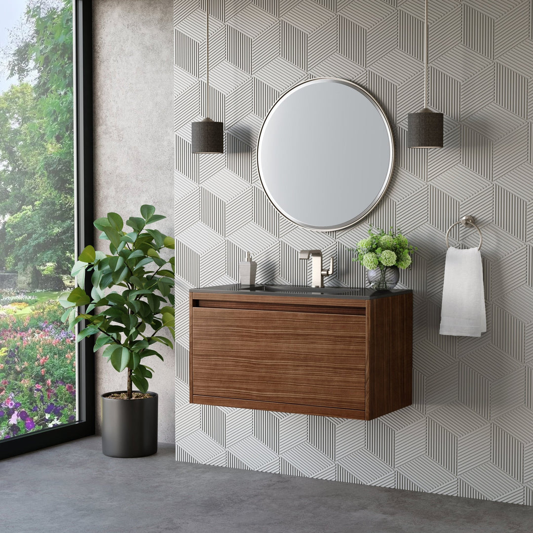 Mantova 35.4" Single Vanity, Mid-Century Walnut, Brushed Nickel Base w/ Charcoal Black Composite Stone Top