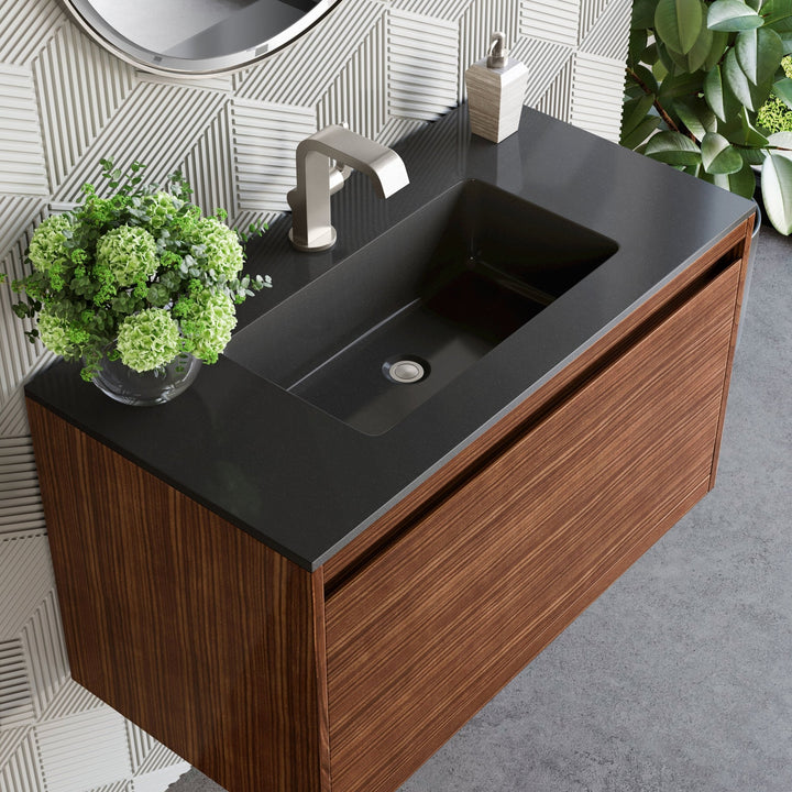 Mantova 35.4" Single Vanity, Mid-Century Walnut, Brushed Nickel Base w/ Charcoal Black Composite Stone Top