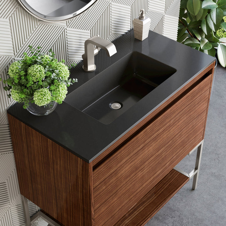 Mantova 35.4" Single Vanity, Mid-Century Walnut, Brushed Nickel Base w/ Charcoal Black Composite Stone Top