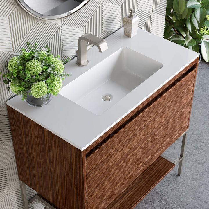 Mantova 35.4" Single Vanity, Mid-Century Walnut, Brushed Nickel Base w/ Glossy White Composite Stone Top