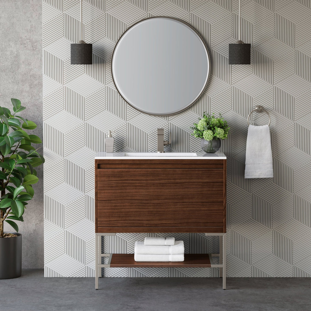 Mantova 35.4" Single Vanity, Mid-Century Walnut, Brushed Nickel Base w/ Glossy White Composite Stone Top