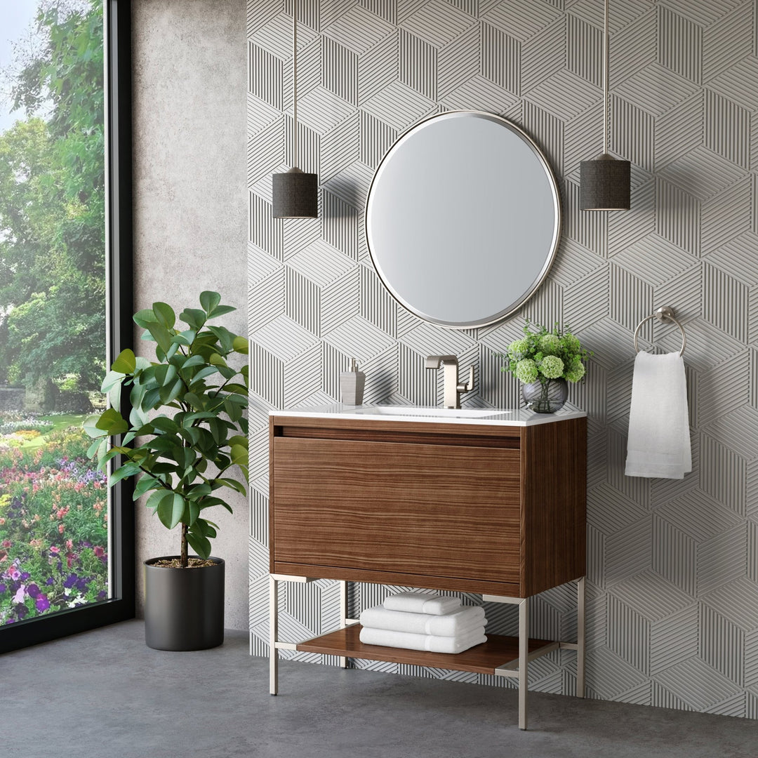 Mantova 35.4" Single Vanity, Mid-Century Walnut, Brushed Nickel Base w/ Glossy White Composite Stone Top