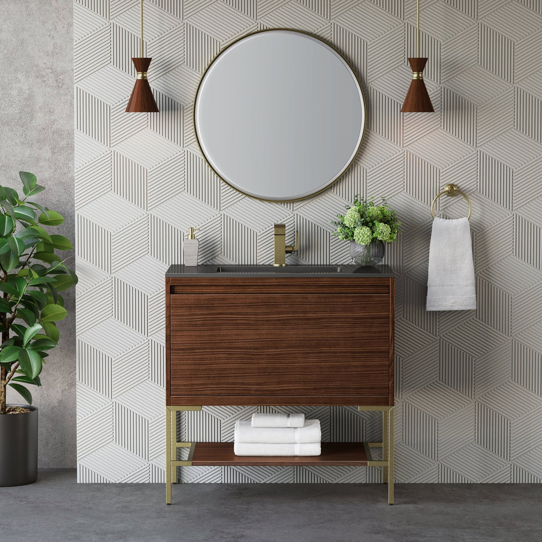 Mantova 35.4" Single Vanity, Mid-Century Walnut, Champagne Brass Base w/ Charcoal Black Composite Stone Top