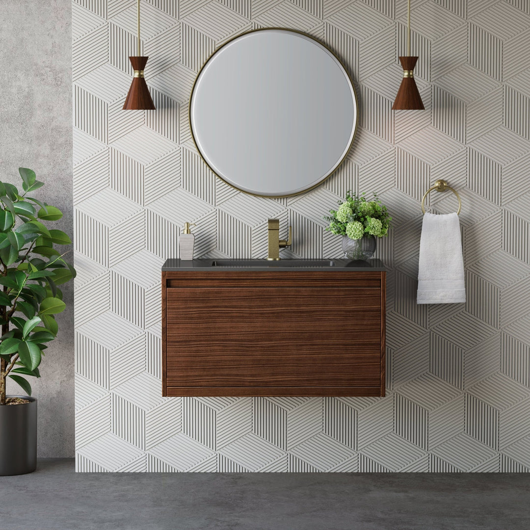 Mantova 35.4" Single Vanity, Mid-Century Walnut, Champagne Brass Base w/ Charcoal Black Composite Stone Top