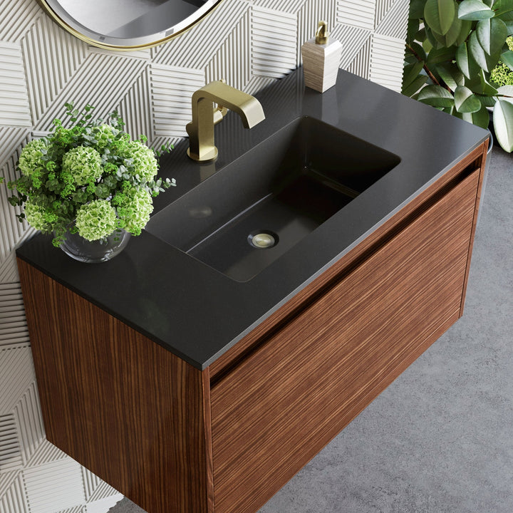 Mantova 35.4" Single Vanity, Mid-Century Walnut, Champagne Brass Base w/ Charcoal Black Composite Stone Top