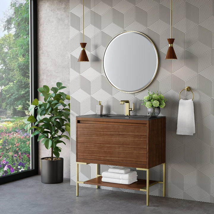 Mantova 35.4" Single Vanity, Mid-Century Walnut, Champagne Brass Base w/ Charcoal Black Composite Stone Top