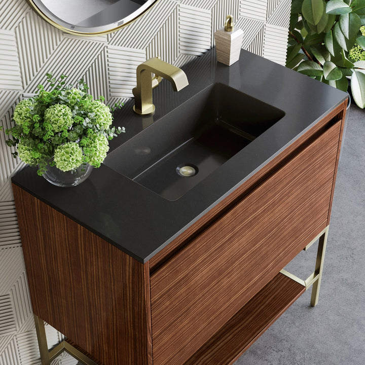 Mantova 35.4" Single Vanity, Mid-Century Walnut, Champagne Brass Base w/ Charcoal Black Composite Stone Top