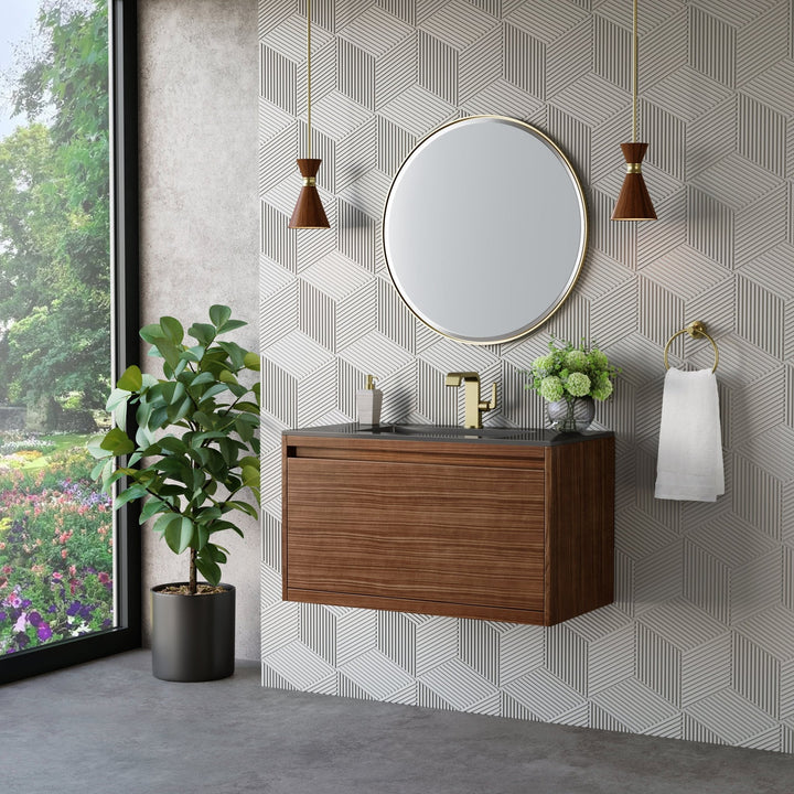 Mantova 35.4" Single Vanity, Mid-Century Walnut, Champagne Brass Base w/ Charcoal Black Composite Stone Top
