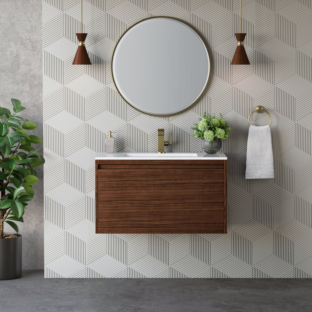 Mantova 35.4" Single Vanity, Mid-Century Walnut, Champagne Brass Base w/ Glossy White Composite Stone Top