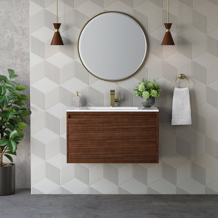 Mantova 35.4" Single Vanity, Mid-Century Walnut, Champagne Brass Base w/ Glossy White Composite Stone Top