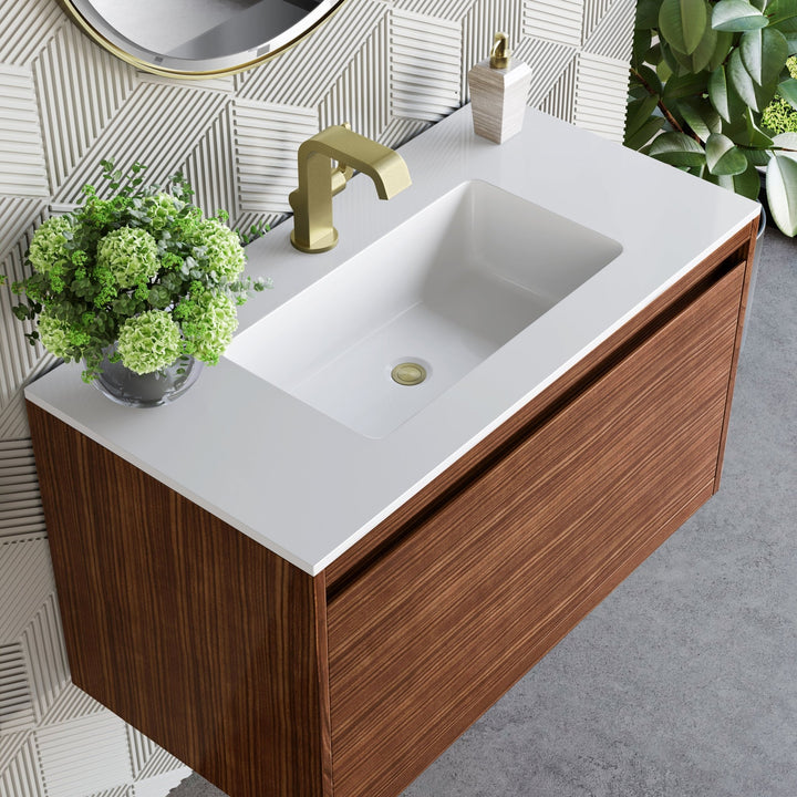 Mantova 35.4" Single Vanity, Mid-Century Walnut, Champagne Brass Base w/ Glossy White Composite Stone Top