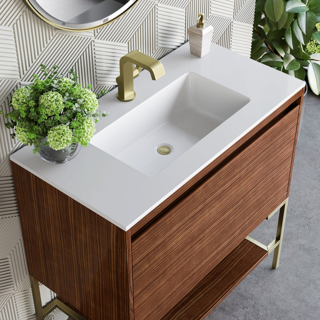 Mantova 35.4" Single Vanity, Mid-Century Walnut, Champagne Brass Base w/ Glossy White Composite Stone Top
