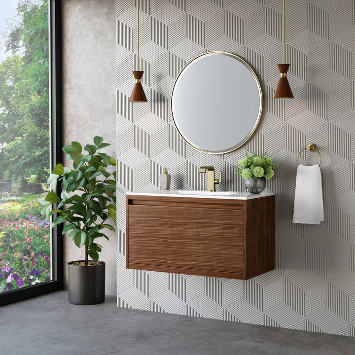 Mantova 35.4" Single Vanity, Mid-Century Walnut, Champagne Brass Base w/ Glossy White Composite Stone Top